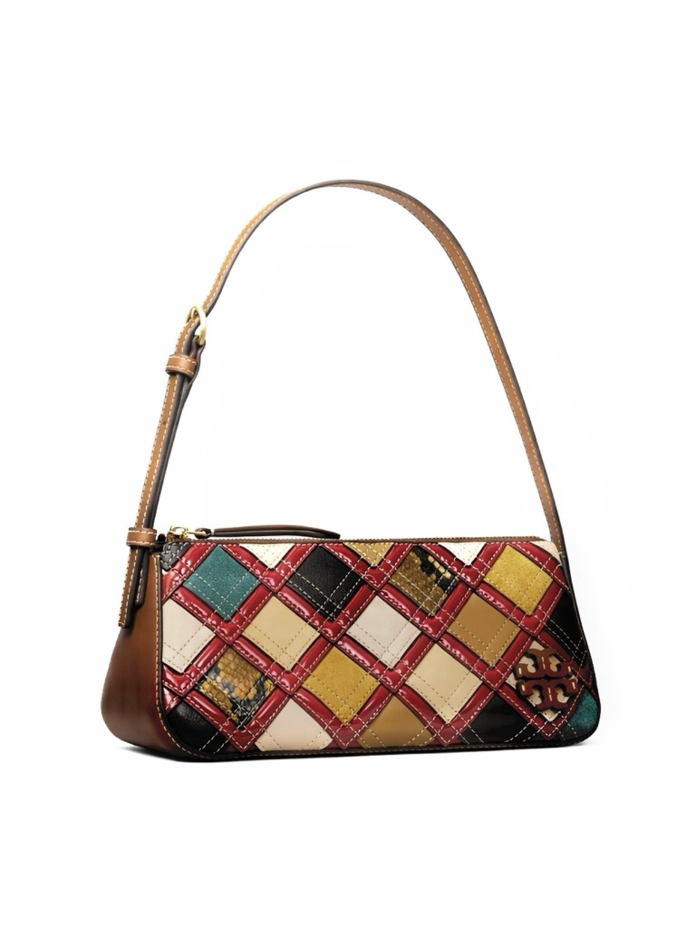 TORY BURCH McGraw Patchwork Wedge Shoulder Bag, Exotic Mixed Leathers, EUC